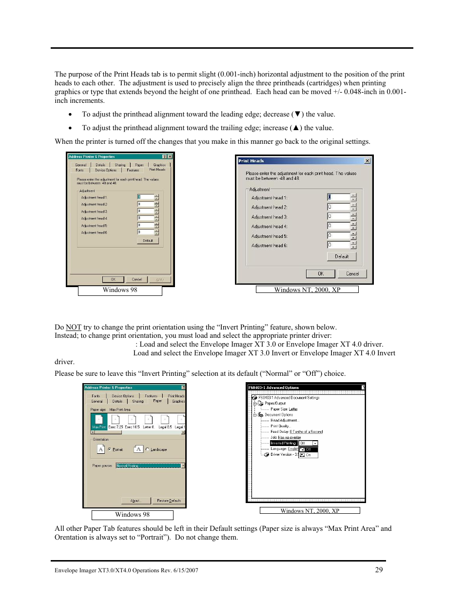 Print heads tab (head adjustment), Paper tab (invert printing) | Rena Envelope Imager XT 3.0 User Manual | Page 29 / 56