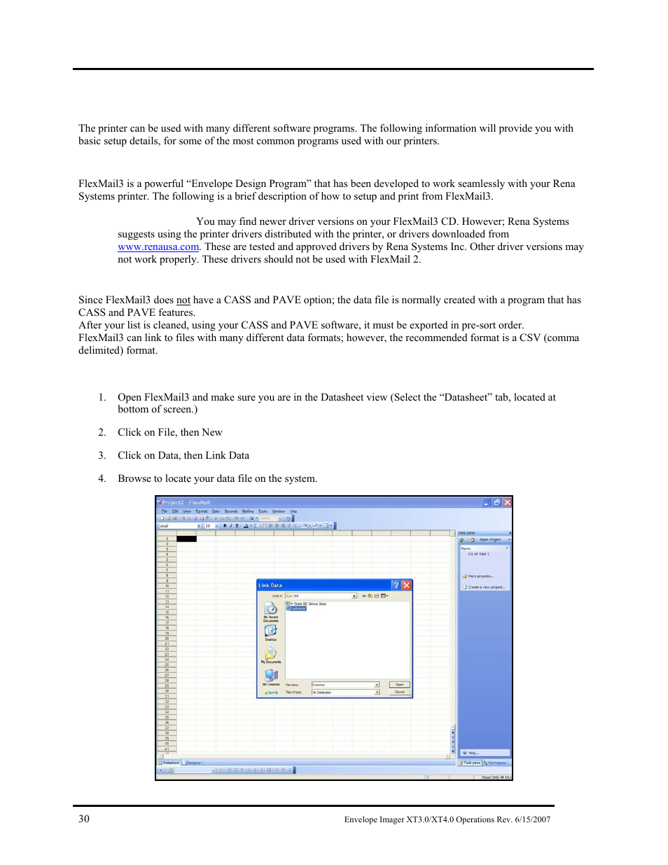 Software setup examples, Printing from flexmail3, Creating and exporting your data file | Linking your data file, Oftware, Etup, Xamples | Rena Envelope Imager XT 3.0 User Manual | Page 30 / 56