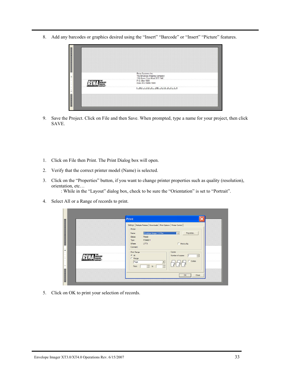 Printing | Rena Envelope Imager XT 3.0 User Manual | Page 33 / 56
