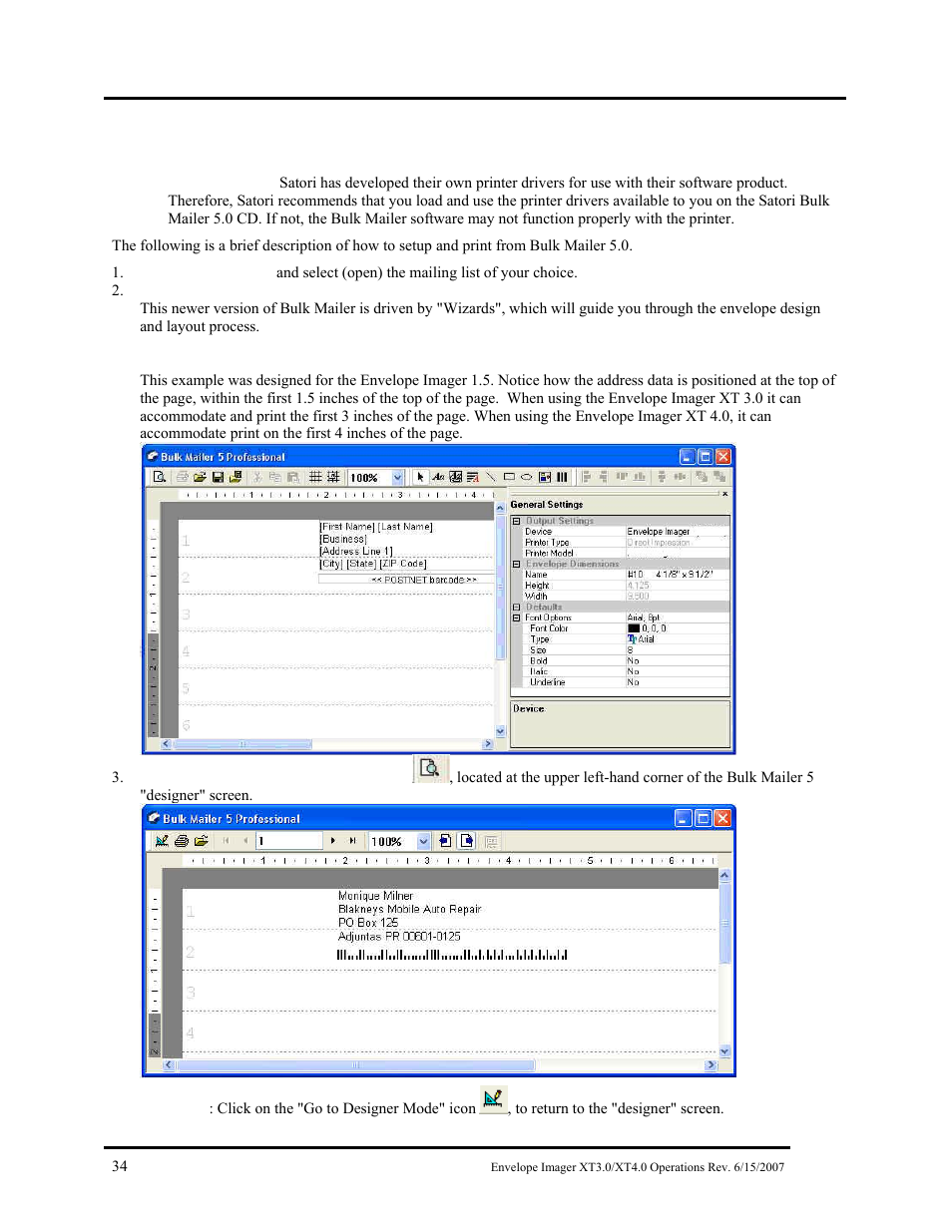 Printing from satori bulk mailer® 5.0 | Rena Envelope Imager XT 3.0 User Manual | Page 34 / 56