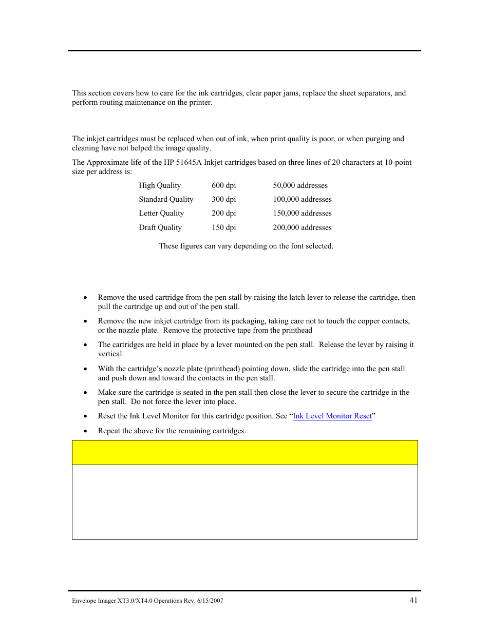 Section 4 – maintenance, Inkjet cartridge maintenance, Replacing the inkjet cartridge | Nkjet, Artridge, Aintenance, Caution | Rena Envelope Imager XT 3.0 User Manual | Page 41 / 56