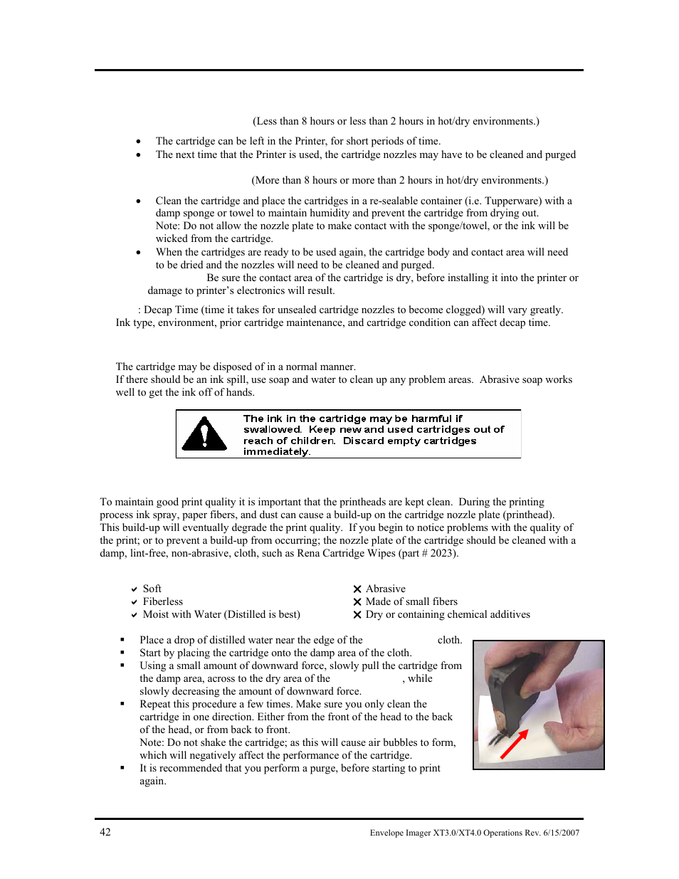 Inkjet cartridge storage, Cartridge disposal, Cleaning the inkjet cartridge (printhead) | Rena Envelope Imager XT 3.0 User Manual | Page 42 / 56