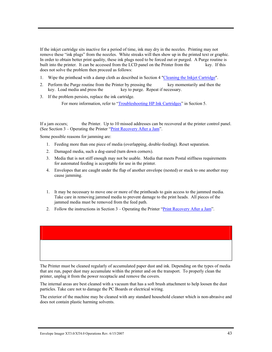 Purging the nozzles, Jams in the printer, Removing jammed media | Cleaning the printer, Ams in the, Rinter, Leaning the, Warning | Rena Envelope Imager XT 3.0 User Manual | Page 43 / 56