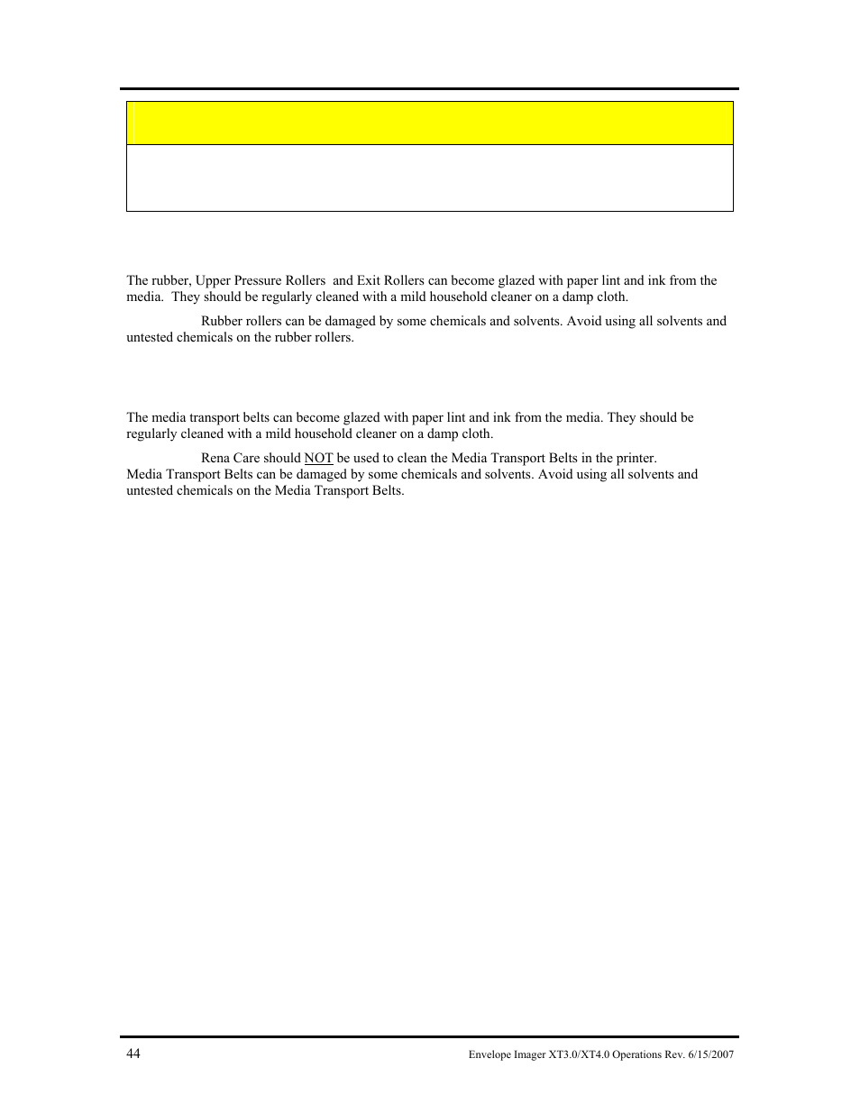 Upper pressure rollers & exit rollers, Media transport belts, Caution | Rena Envelope Imager XT 3.0 User Manual | Page 44 / 56