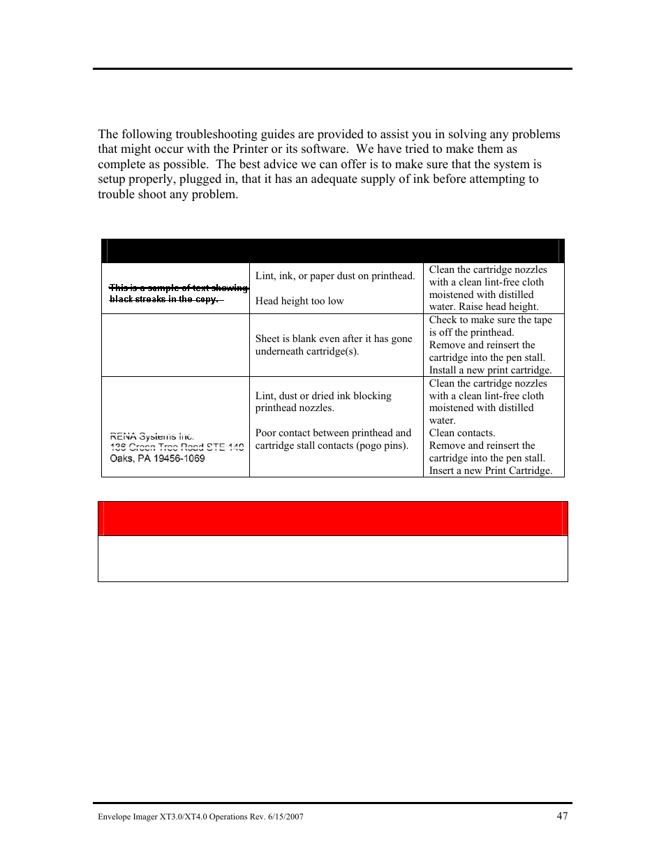 Section 5 – troubleshooting guide, Hp inkjet print cartridges, Nkjet | Rint, Artridges, Troubleshooting hp ink cartridges, Warning | Rena Envelope Imager XT 3.0 User Manual | Page 47 / 56