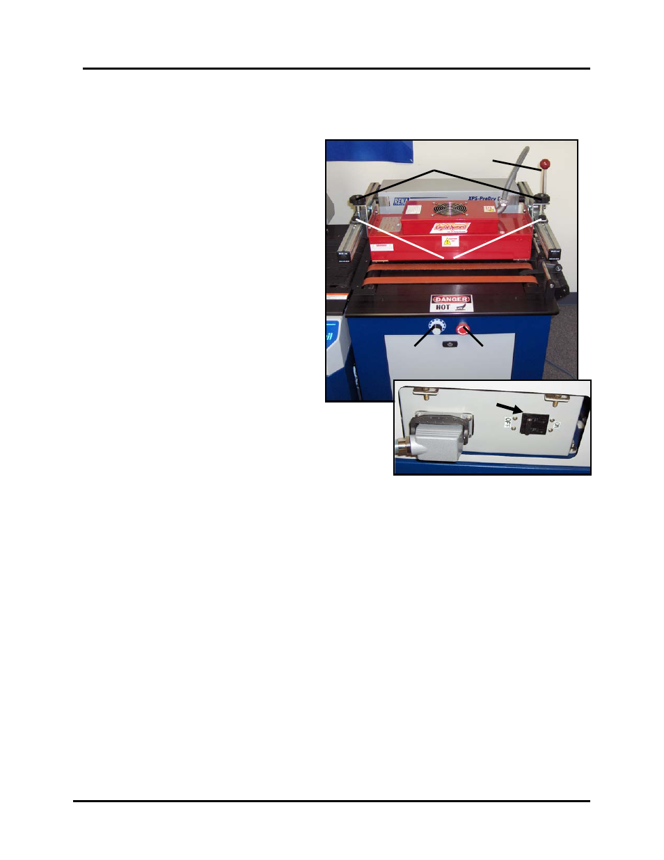 Xps-prodry 8.0 setup, Dryer hazards, Emergency stop control | Lamp intensity adjustment, Dryer lamp power switch, Xps-p, Etup | Rena XPS-ProMail System User Manual | Page 25 / 69