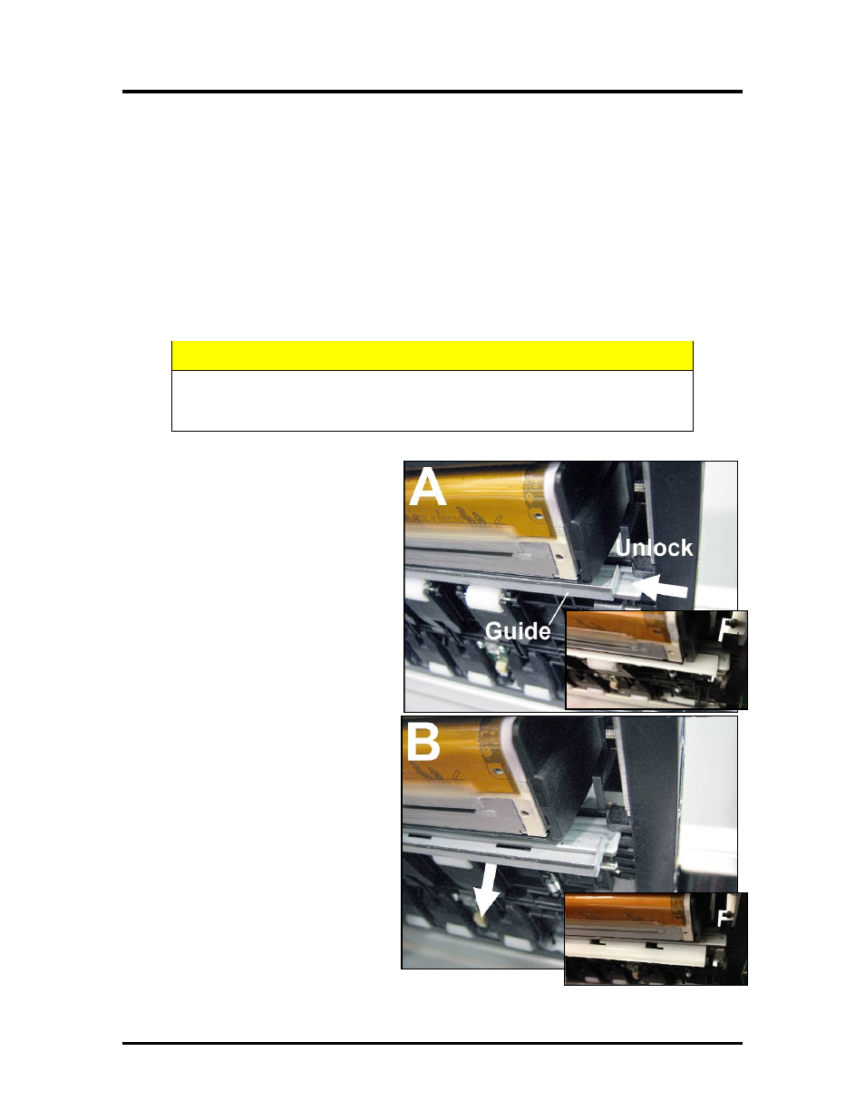 Removing/cleaning/installing the head media guide, Emoving, Leaning | Nstalling the, Edia, Uide, Caution | Rena MACH X (Digital Color Label Printer) User Manual | Page 41 / 125