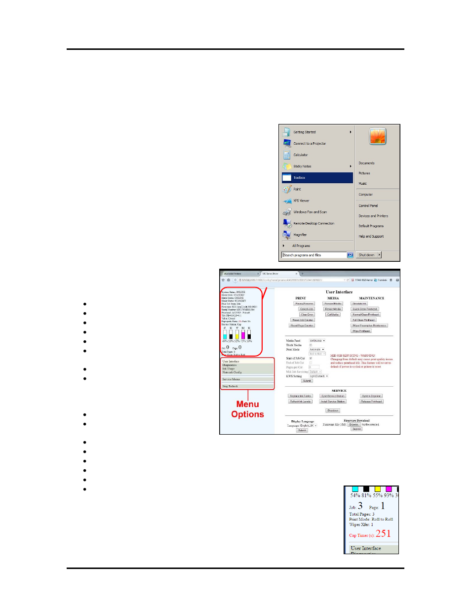 Using the toolbox utility, To open the toolbox, Printer status | Sing the, Oolbox, Tility | Rena MACH X (Digital Color Label Printer) User Manual | Page 59 / 125