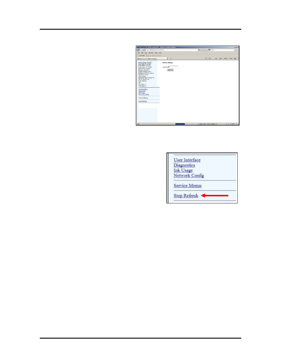Service menus, Stop refresh/auto refresh | Rena MACH X (Digital Color Label Printer) User Manual | Page 67 / 125