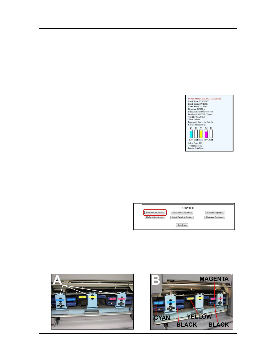 Section 4 – operator maintenance, Ink tanks, Replacing the ink tanks | Cleaning ink tank contacts, Section 4 – o perator maintenance, Anks | Rena MACH X (Digital Color Label Printer) User Manual | Page 68 / 125