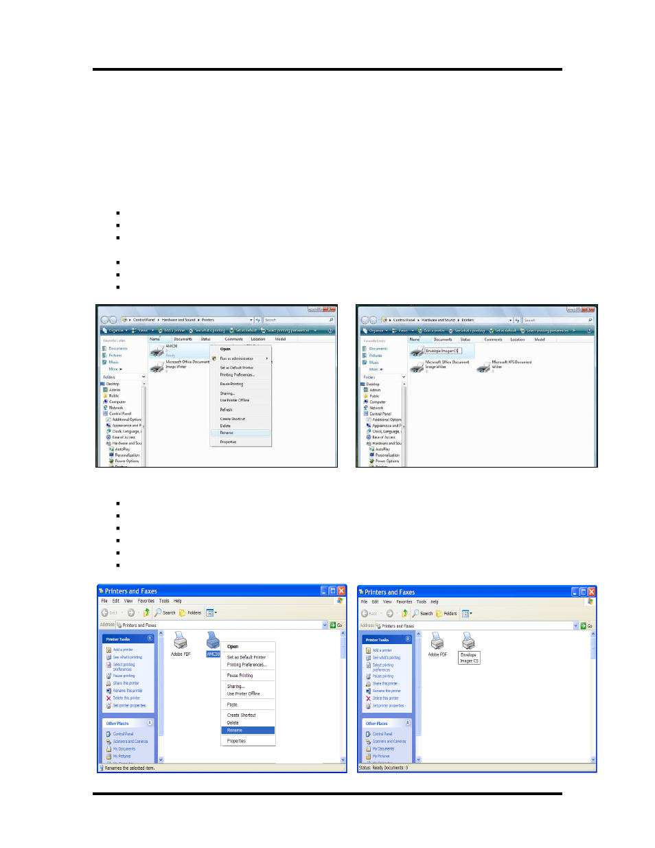 Renaming the printer driver, Windows vista, Click on start | Click on control panel, Right click on the amc50 icon, Click on rename, Windows xp, Double click on the printers and faxes icon, Notes | Rena Envelope Imager CS User Manual | Page 20 / 49