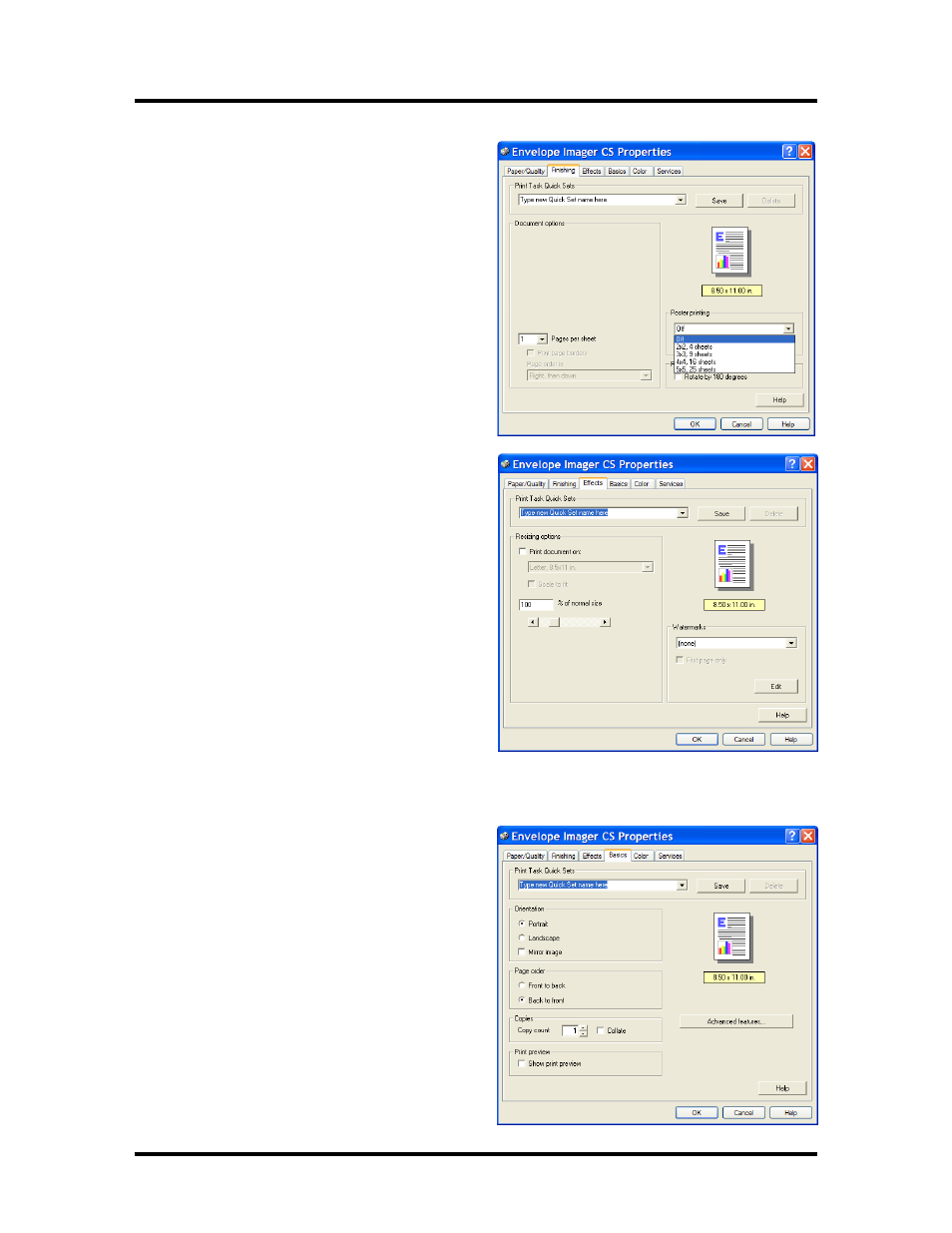 Finishing tab, Effects tab, Basics tab | Rena Envelope Imager CS User Manual | Page 28 / 49