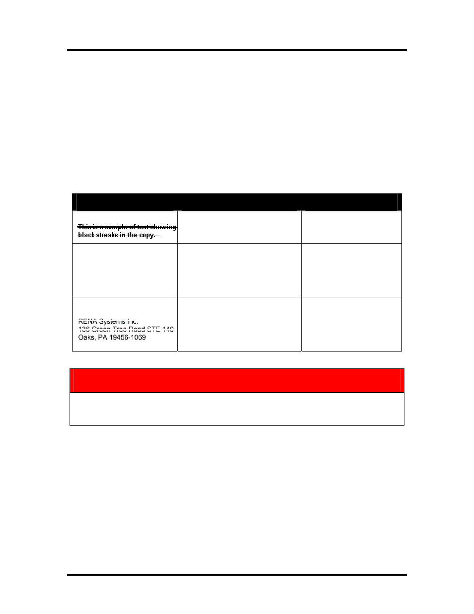 Section 5 – troubleshooting guide, Hp inkjet print cartridges, Condition | Problem, Solution, Black streaks in text, Lint or paper dust on printhead, Replace the ink cartridge, Cartridge will not print, Check to make sure the tape is off the printhead | Rena Envelope Imager CS User Manual | Page 36 / 49