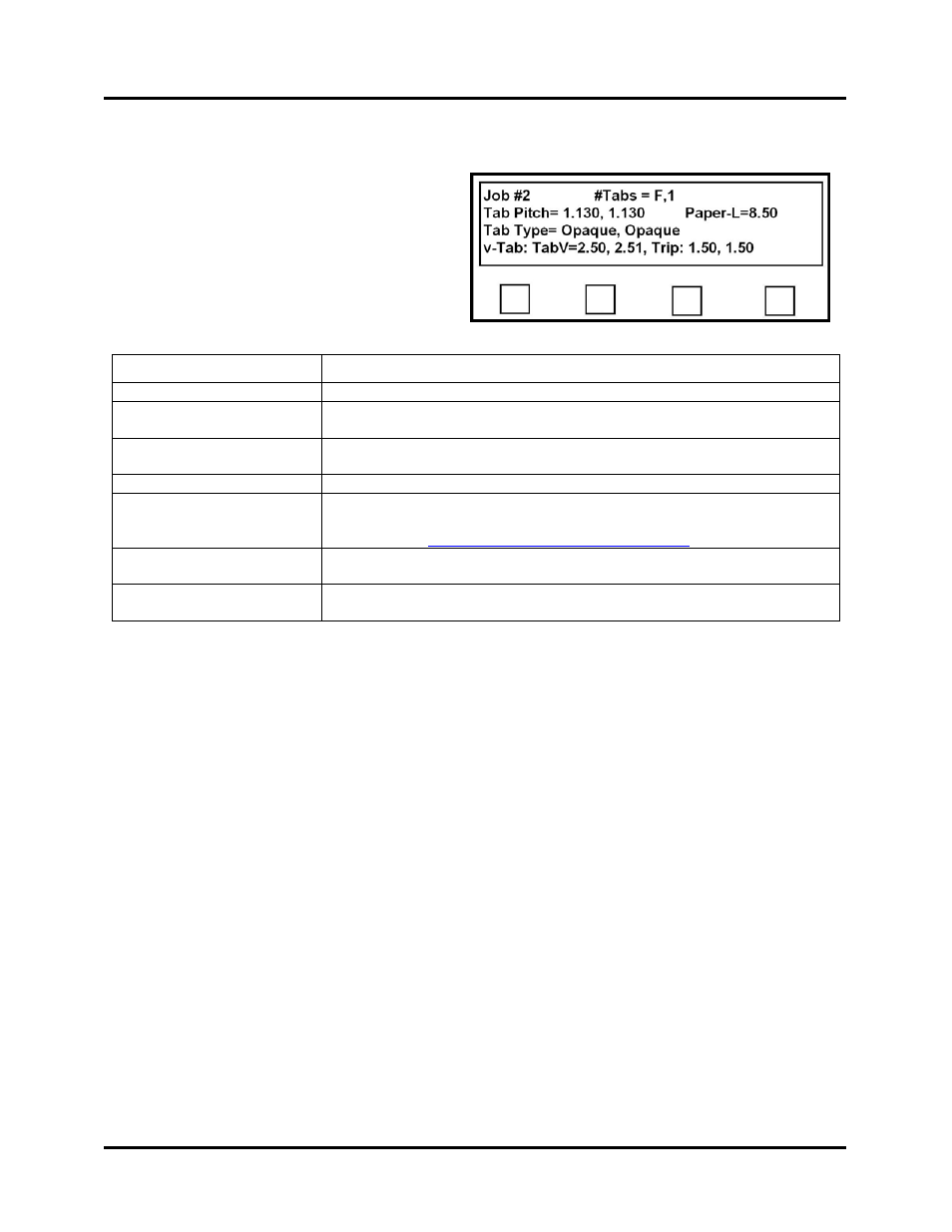 Info key and info screen, Item, Description | The job number that is currently selected, Tabs=(head1, head2), Tab pitch= (head1, head2), Paper-l, Tab type= (head1, head2), Tabv: (head1, head2), Trip: (head1, head2) | Rena T-650 User Manual | Page 36 / 118