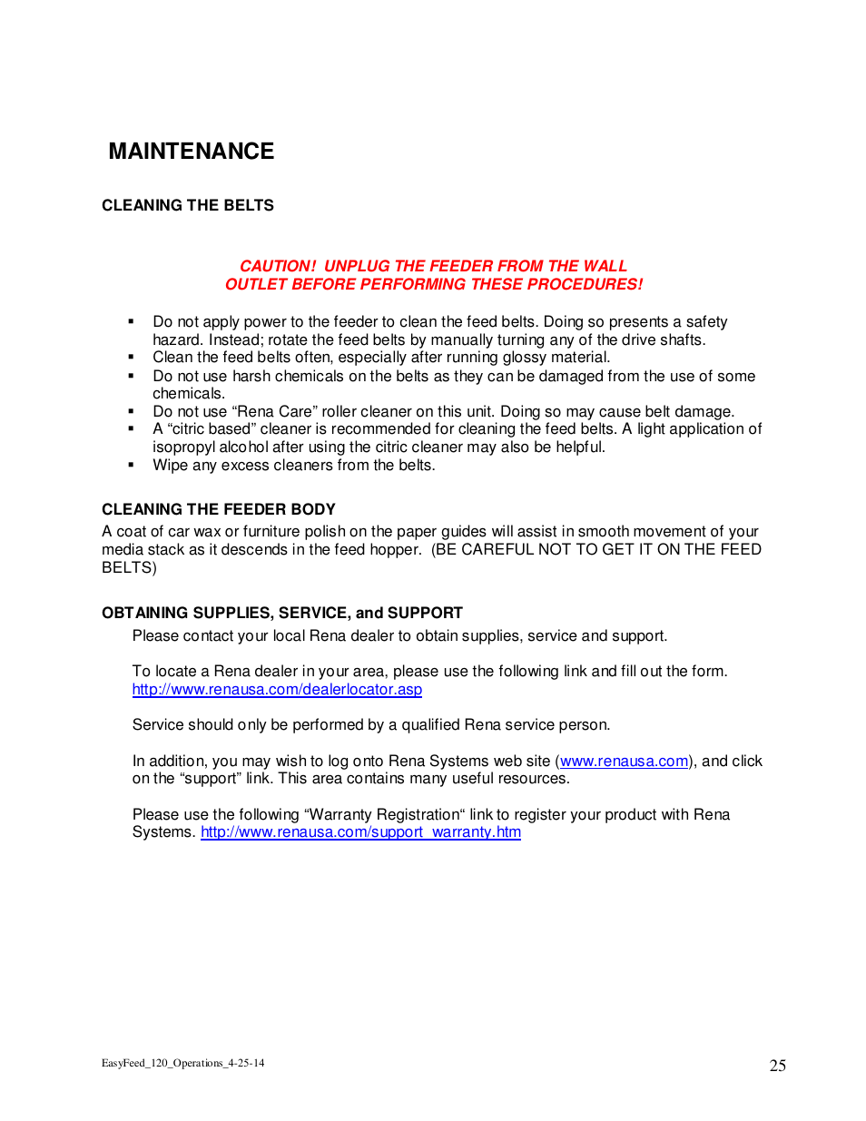 Maintenance | Rena EasyFeed 120 User Manual | Page 25 / 27