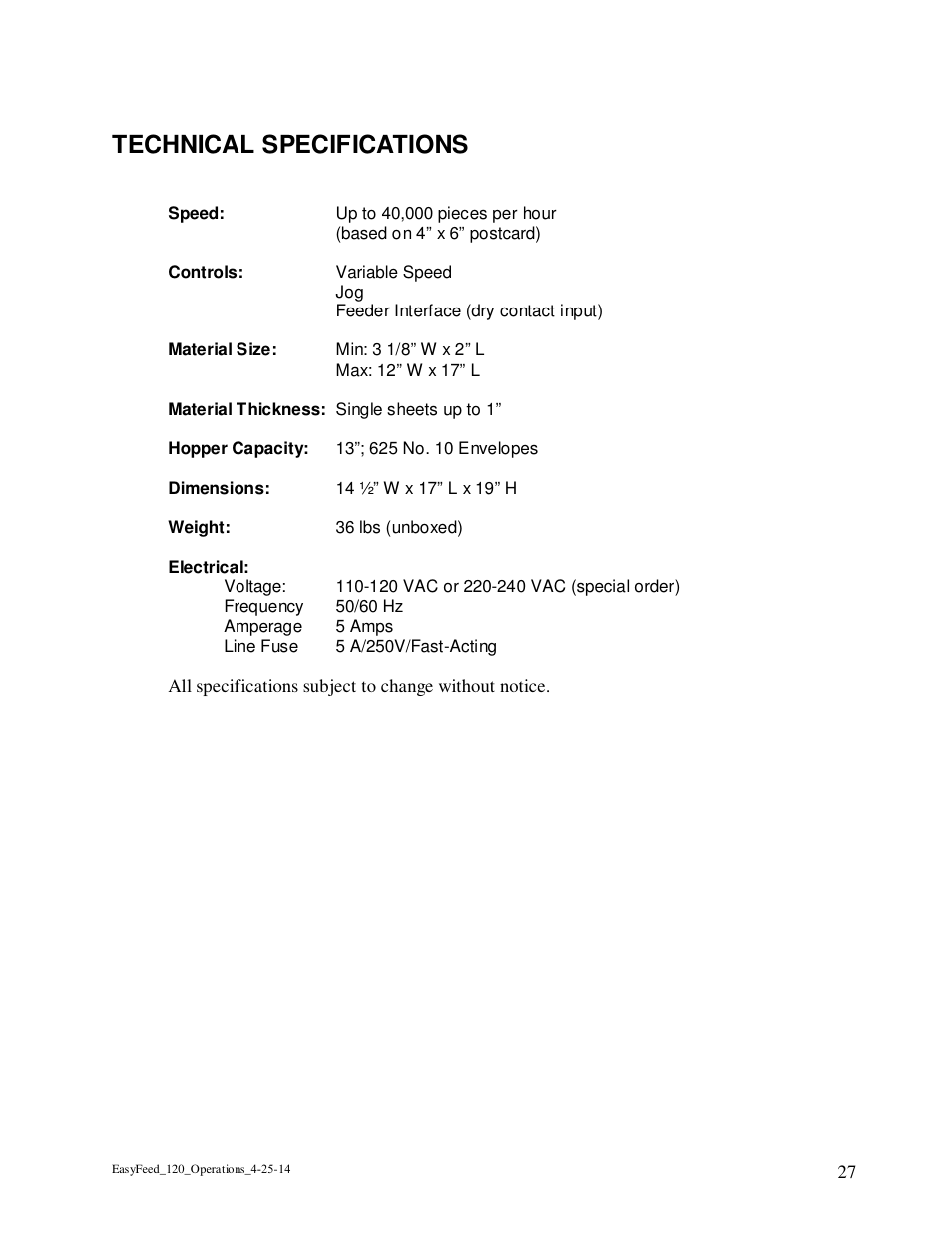 Technical specifications | Rena EasyFeed 120 User Manual | Page 27 / 27