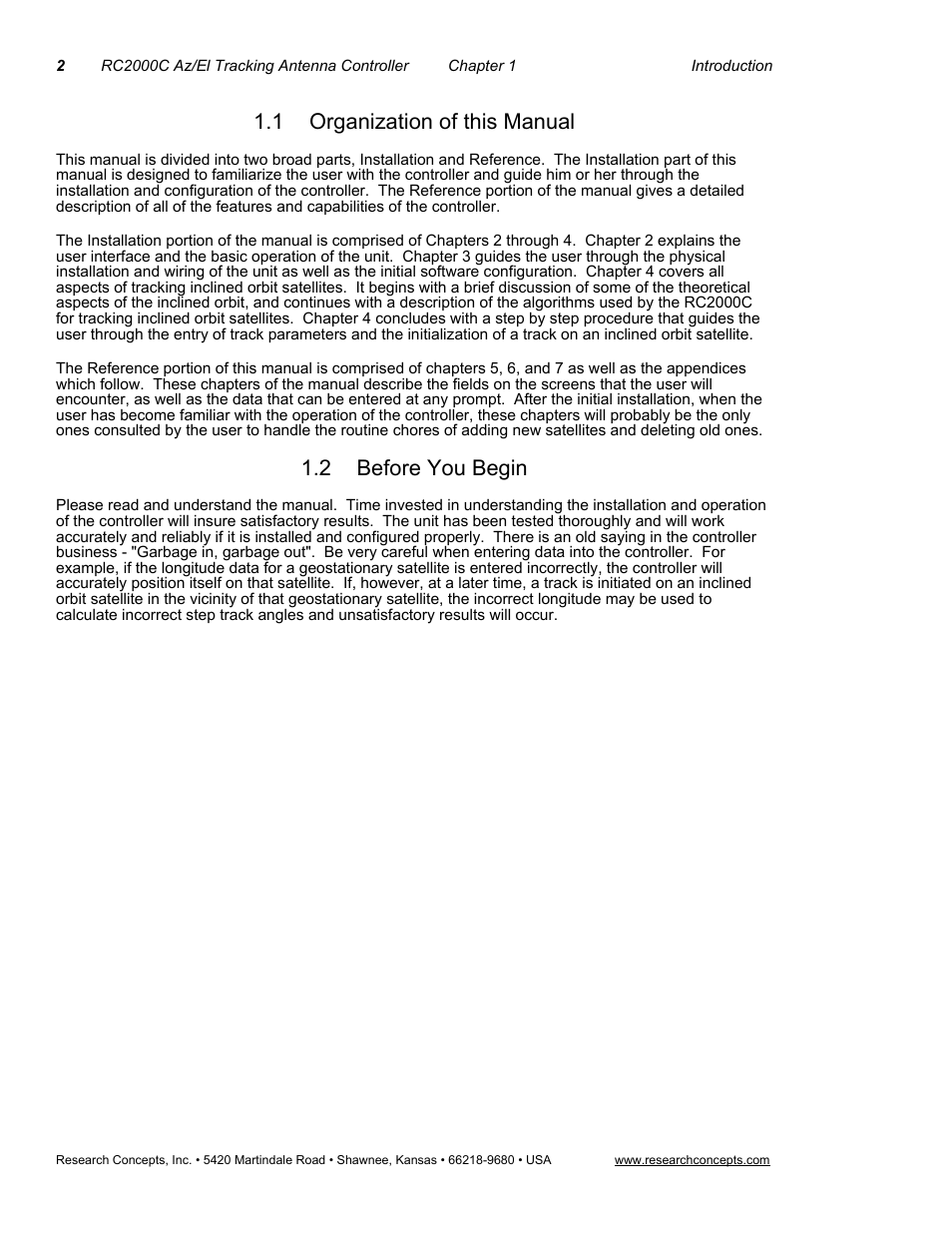 1organization of this manual, 2before you begin, Organization of this manual | Before you begin, 1 organization of this manual, 2 before you begin | Research Concepts RC2000C User Manual | Page 10 / 123