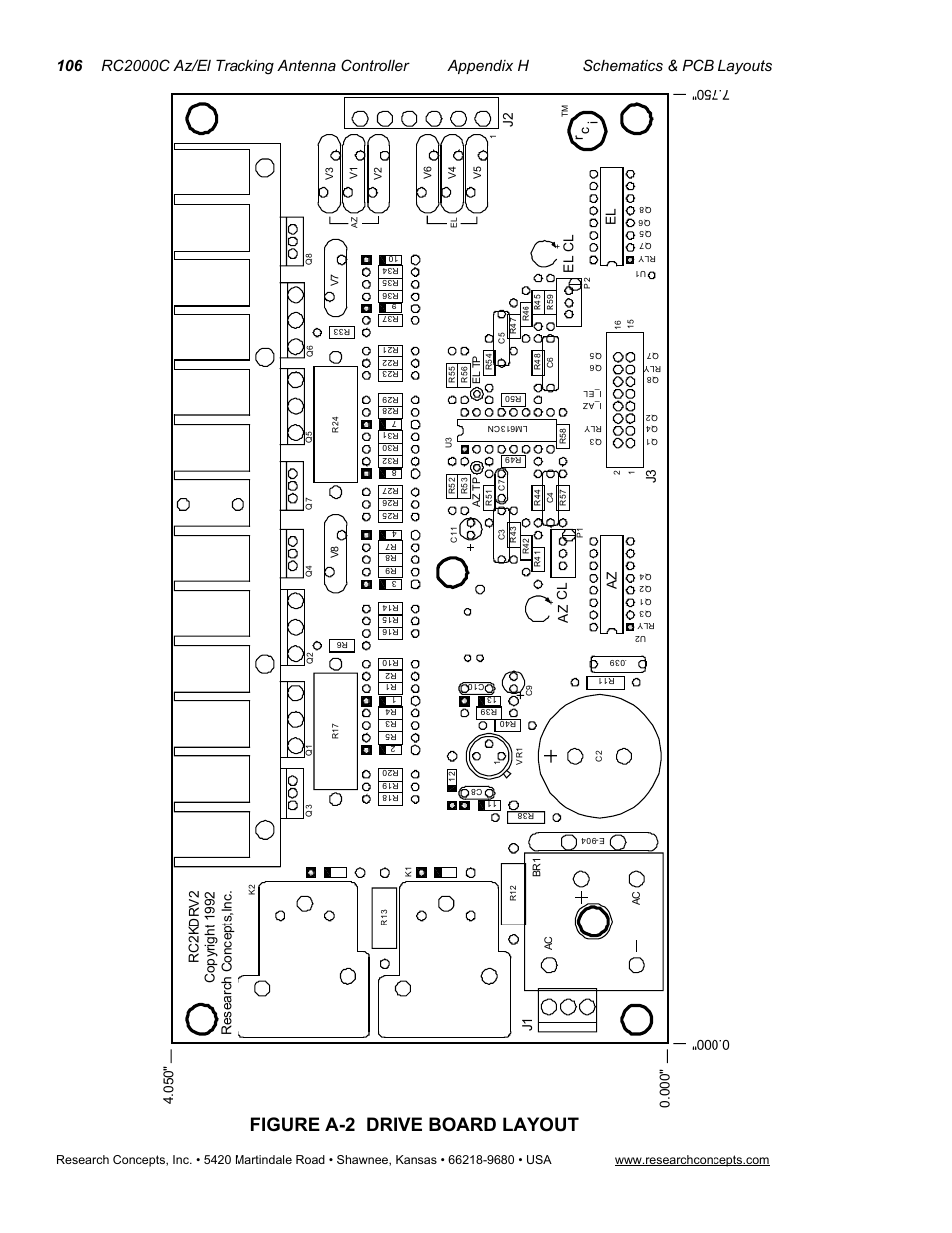 Figure a-2 drive board layout, J1 j2, Az e l | Research Concepts RC2000C User Manual | Page 114 / 123