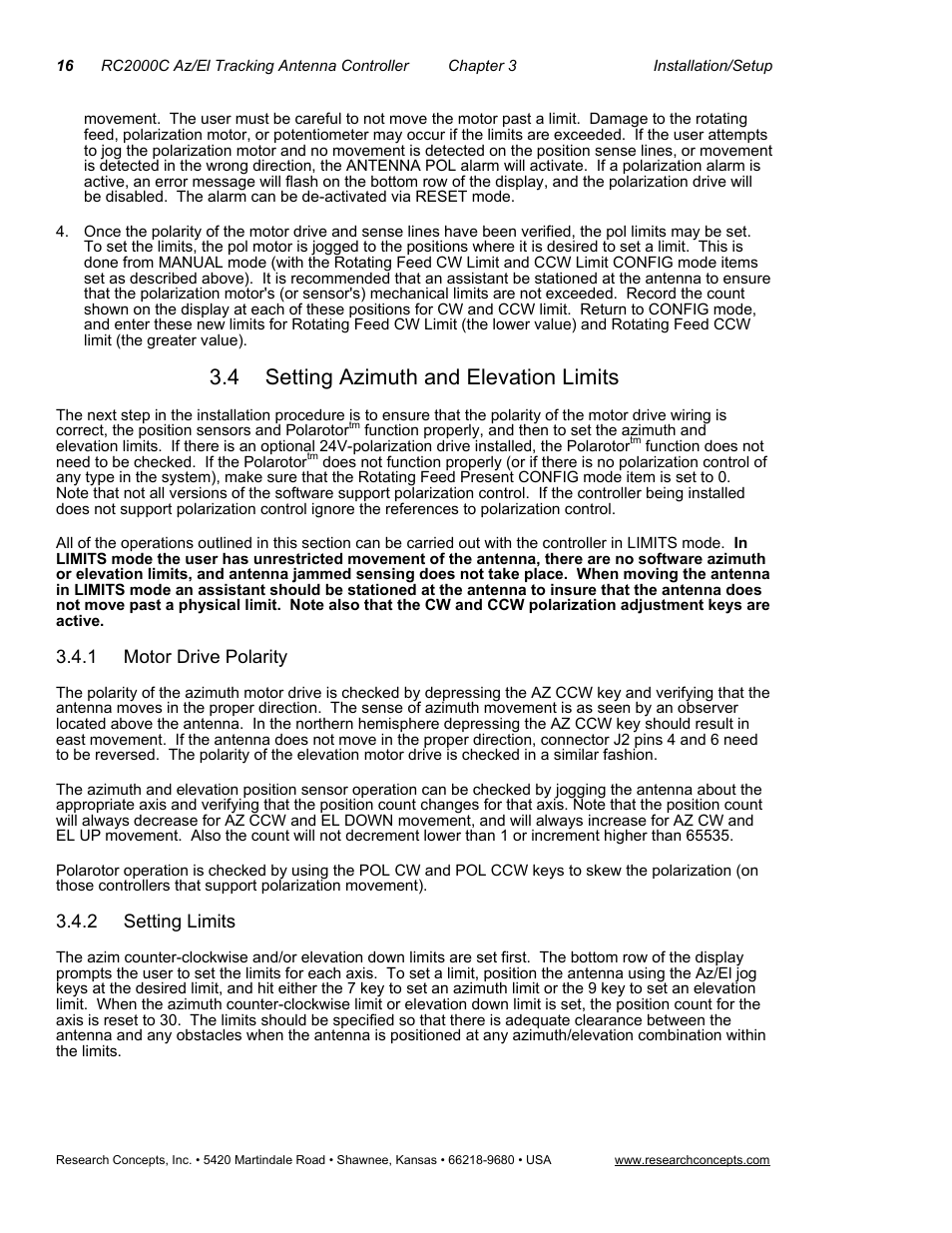 4setting azimuth and elevation limits, 1 motor drive polarity, 2 setting limits | 4 setting azimuth and elevation limits | Research Concepts RC2000C User Manual | Page 24 / 123