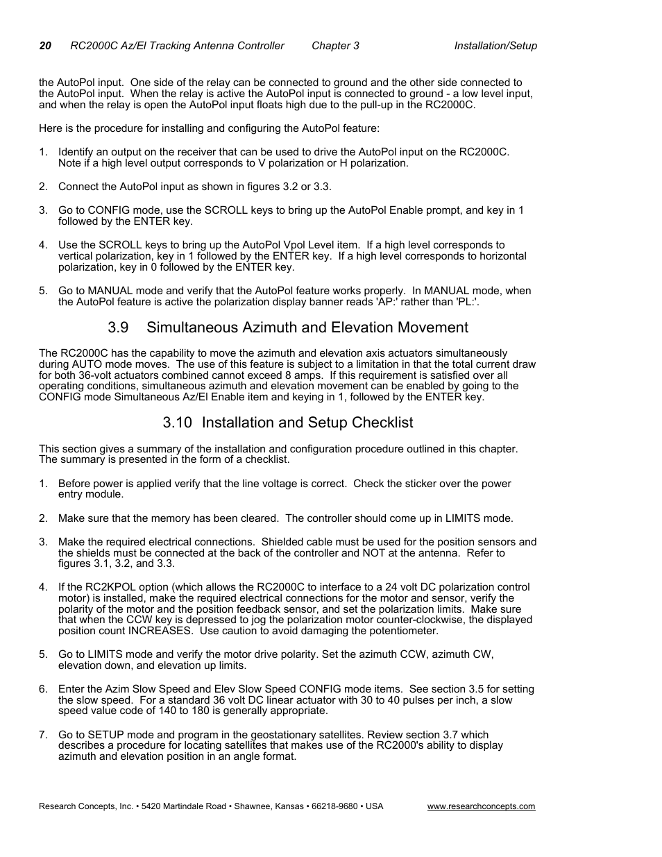 9simultaneous azimuth and elevation movement, 10installation and setup checklist, Simultaneous azimuth and elevation movement | 10 installation and setup checklist, 9 simultaneous azimuth and elevation movement | Research Concepts RC2000C User Manual | Page 28 / 123