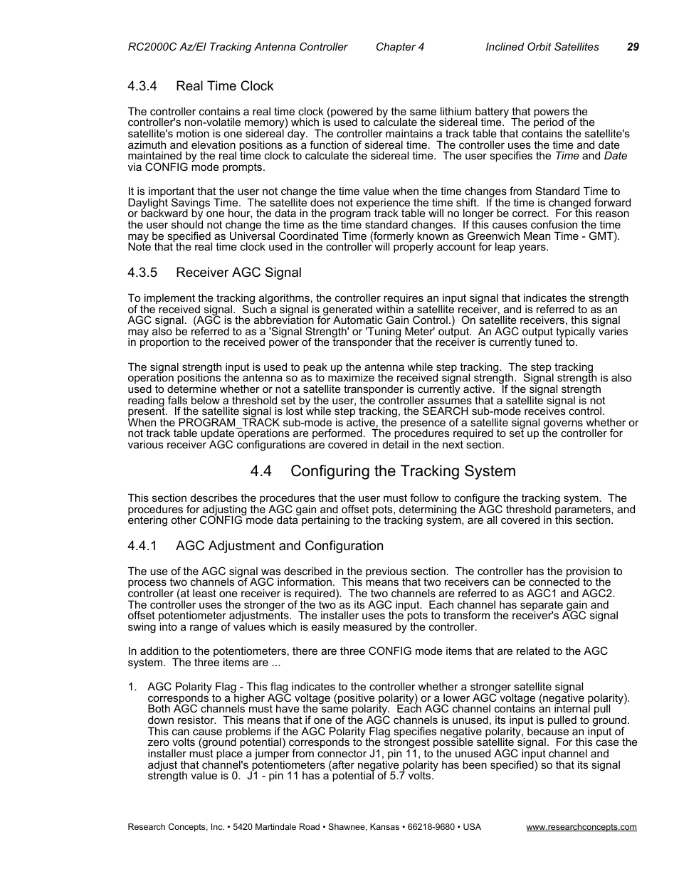 4 real time clock, 5 receiver agc signal, 4configuring the tracking system | 1 agc adjustment and configuration, 4 real time clock 4.3.5 receiver agc signal, 4 configuring the tracking system | Research Concepts RC2000C User Manual | Page 37 / 123