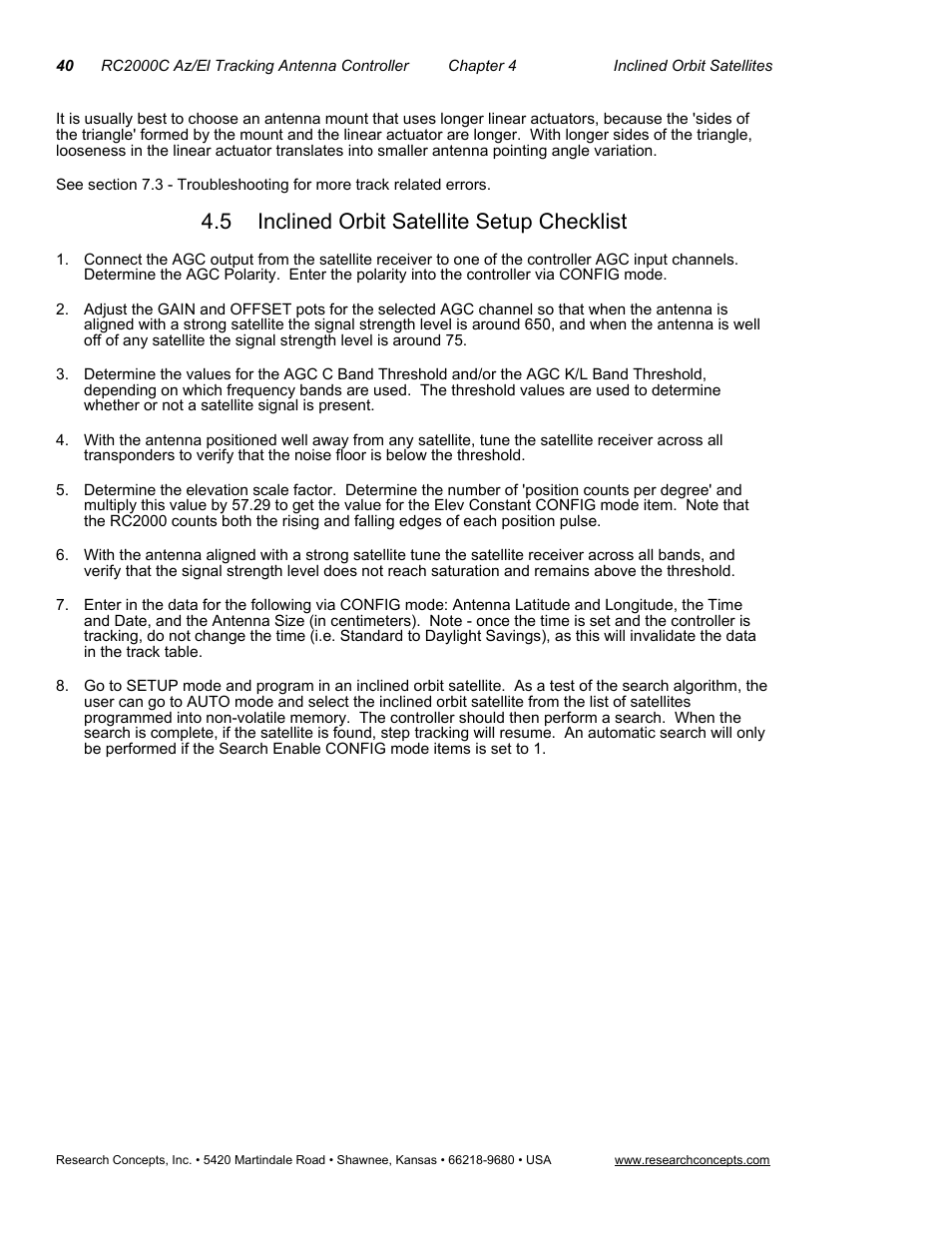 5inclined orbit satellite setup checklist, Inclined orbit satellite setup checklist, 5 inclined orbit satellite setup checklist | Research Concepts RC2000C User Manual | Page 48 / 123