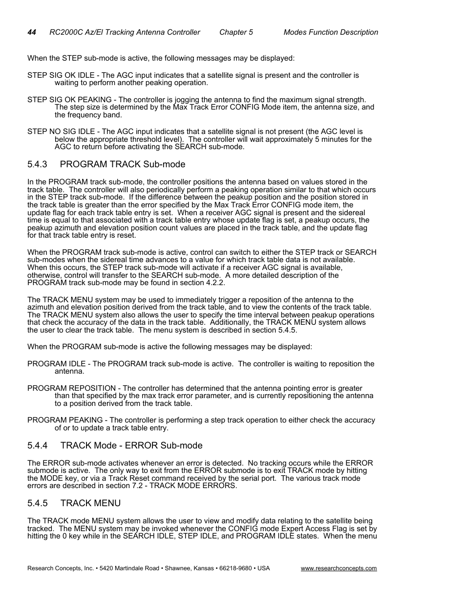 3 program track sub-mode, 4 track mode - error sub-mode, 5 track menu | Research Concepts RC2000C User Manual | Page 52 / 123