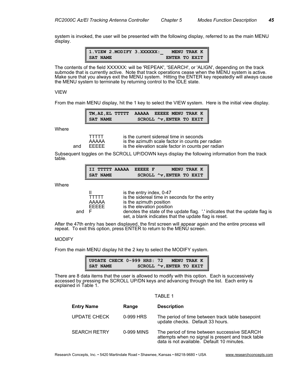 View, Modify, Entry namerangedescription | Research Concepts RC2000C User Manual | Page 53 / 123