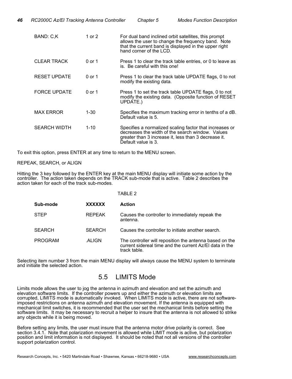 Repeak, search, or align, Sub-modexxxxxxaction, 5limits mode | Limits mode, 5 limits mode | Research Concepts RC2000C User Manual | Page 54 / 123