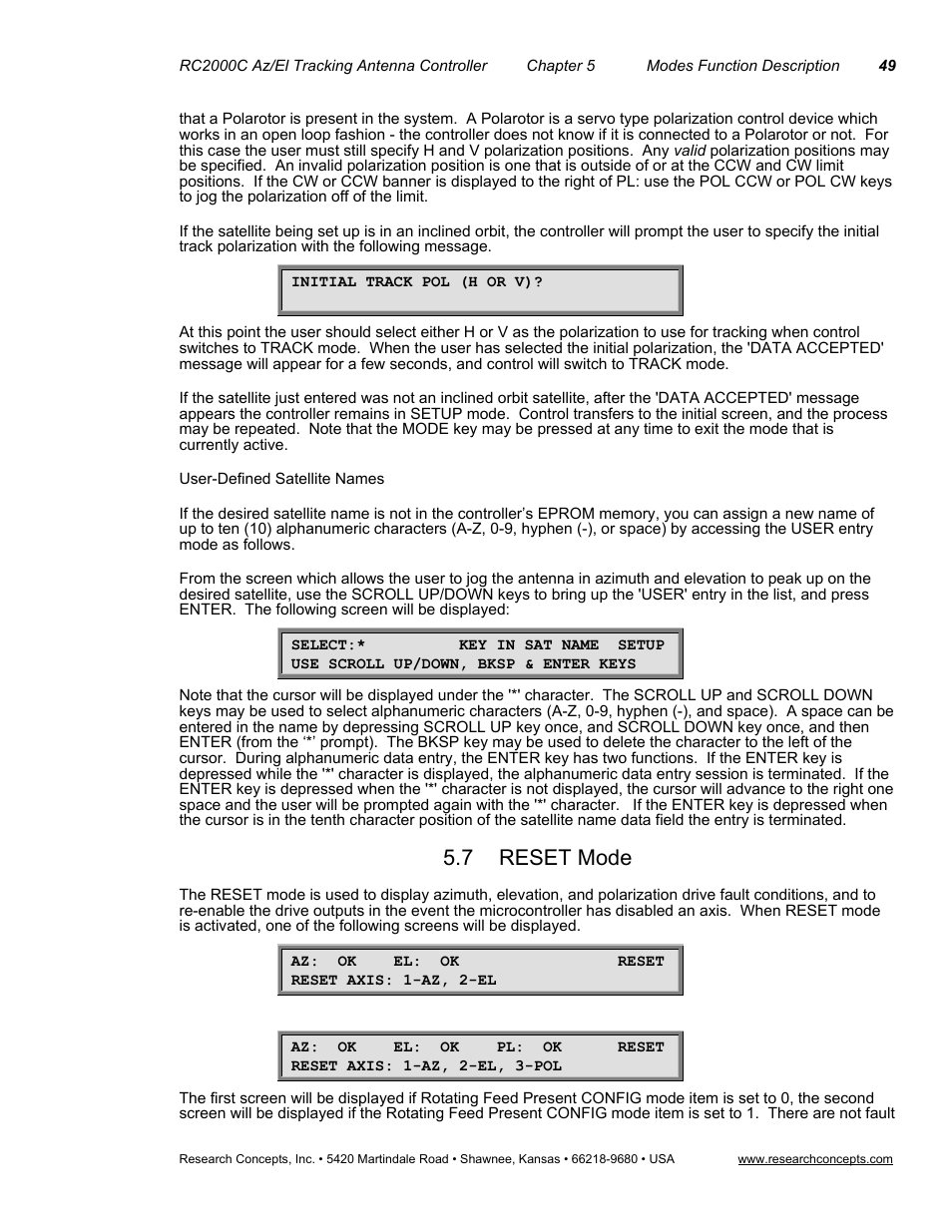 User-defined satellite names, 7reset mode, Reset mode | 7 reset mode | Research Concepts RC2000C User Manual | Page 57 / 123