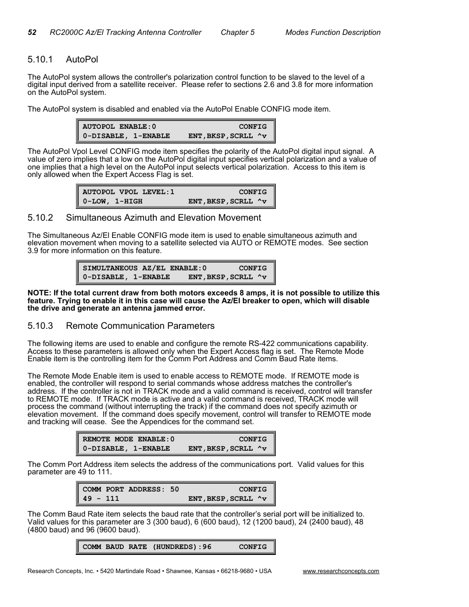 1 autopol, 2 simultaneous azimuth and elevation movement, 3 remote communication parameters | Research Concepts RC2000C User Manual | Page 60 / 123