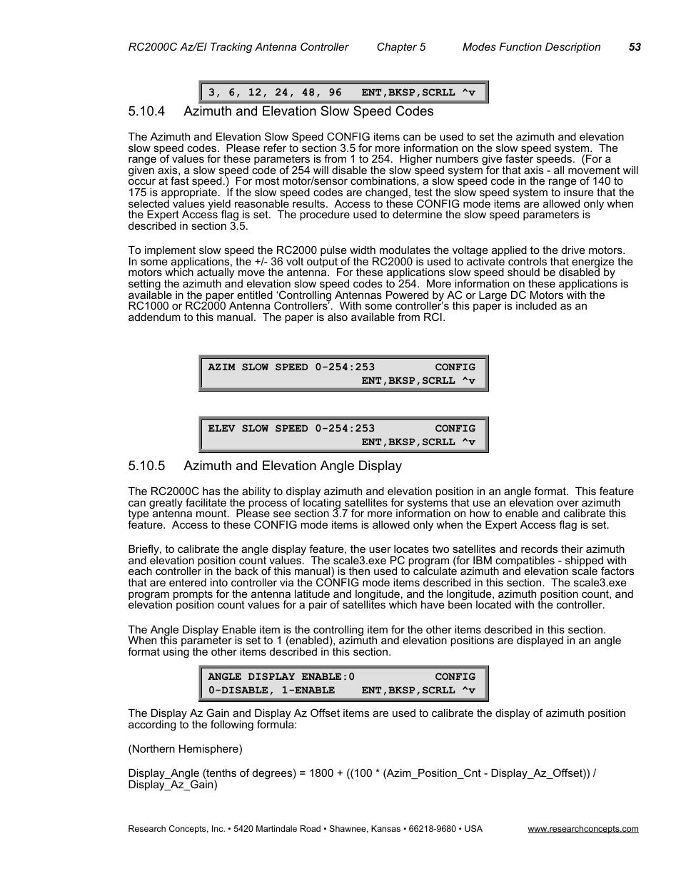 4 azimuth and elevation slow speed codes, 5 azimuth and elevation angle display | Research Concepts RC2000C User Manual | Page 61 / 123