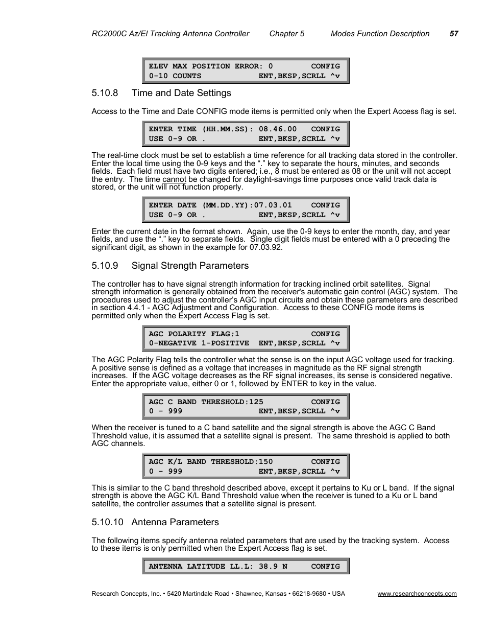 8 time and date settings, 9 signal strength parameters, 10 antenna parameters | Research Concepts RC2000C User Manual | Page 65 / 123