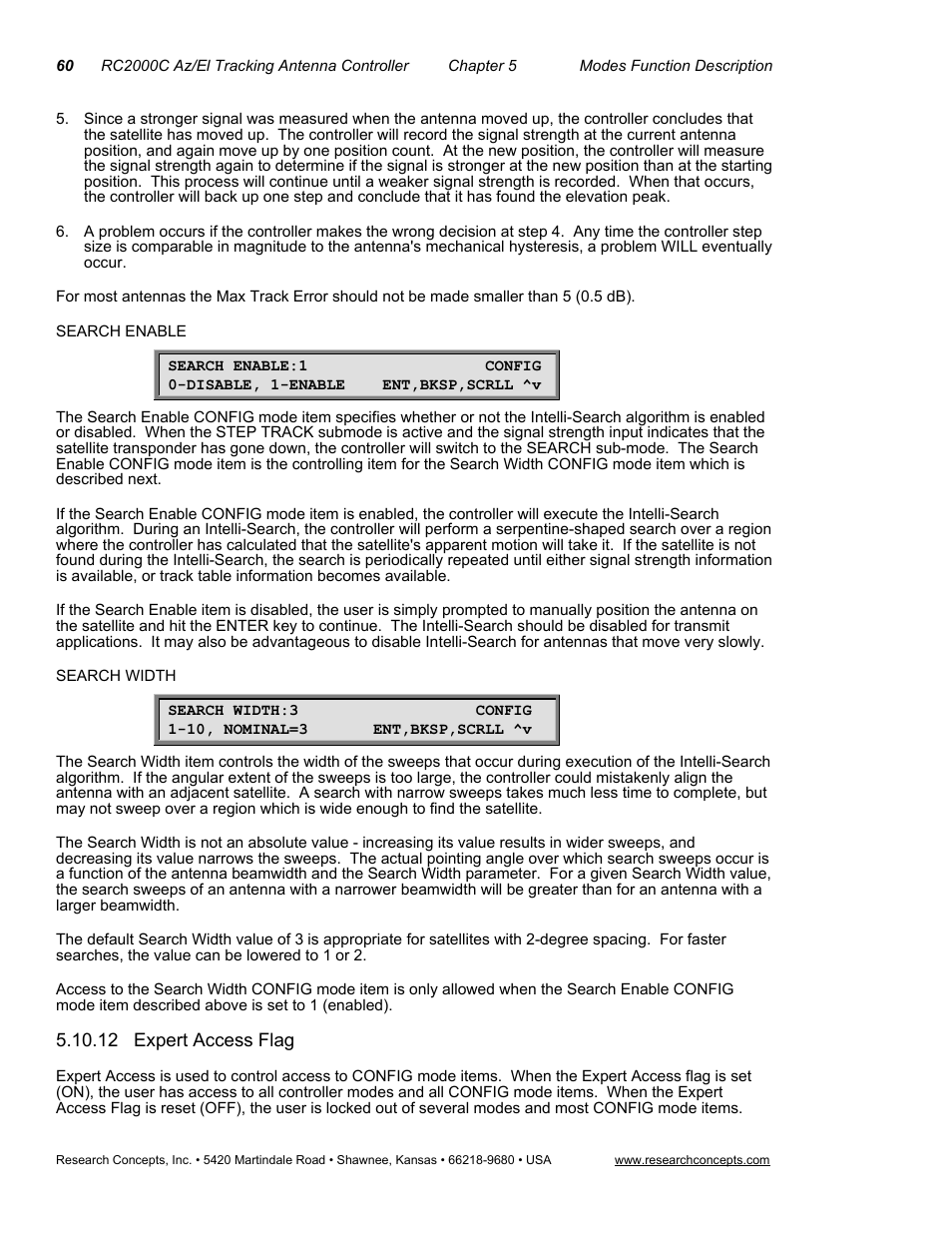 Search enable, Search width, 12 expert access flag | Research Concepts RC2000C User Manual | Page 68 / 123