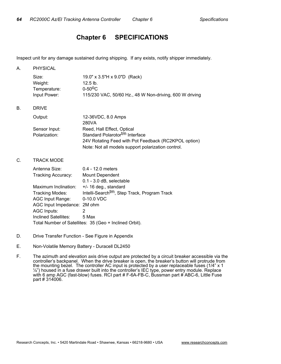 Chapter 6 specifications | Research Concepts RC2000C User Manual | Page 72 / 123