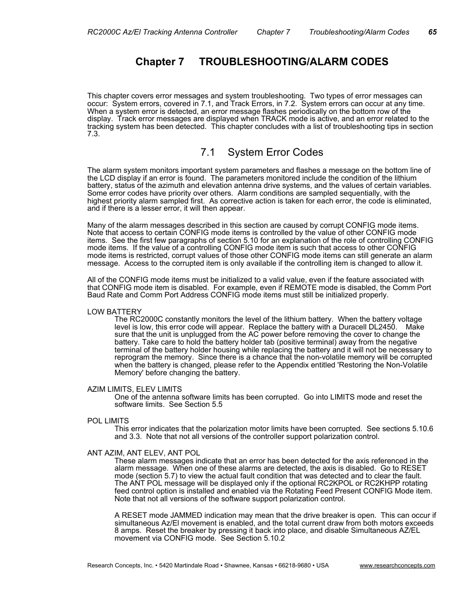 Chapter 7 troubleshooting/alarm codes, 1system error codes, System error codes | 1 system error codes | Research Concepts RC2000C User Manual | Page 73 / 123