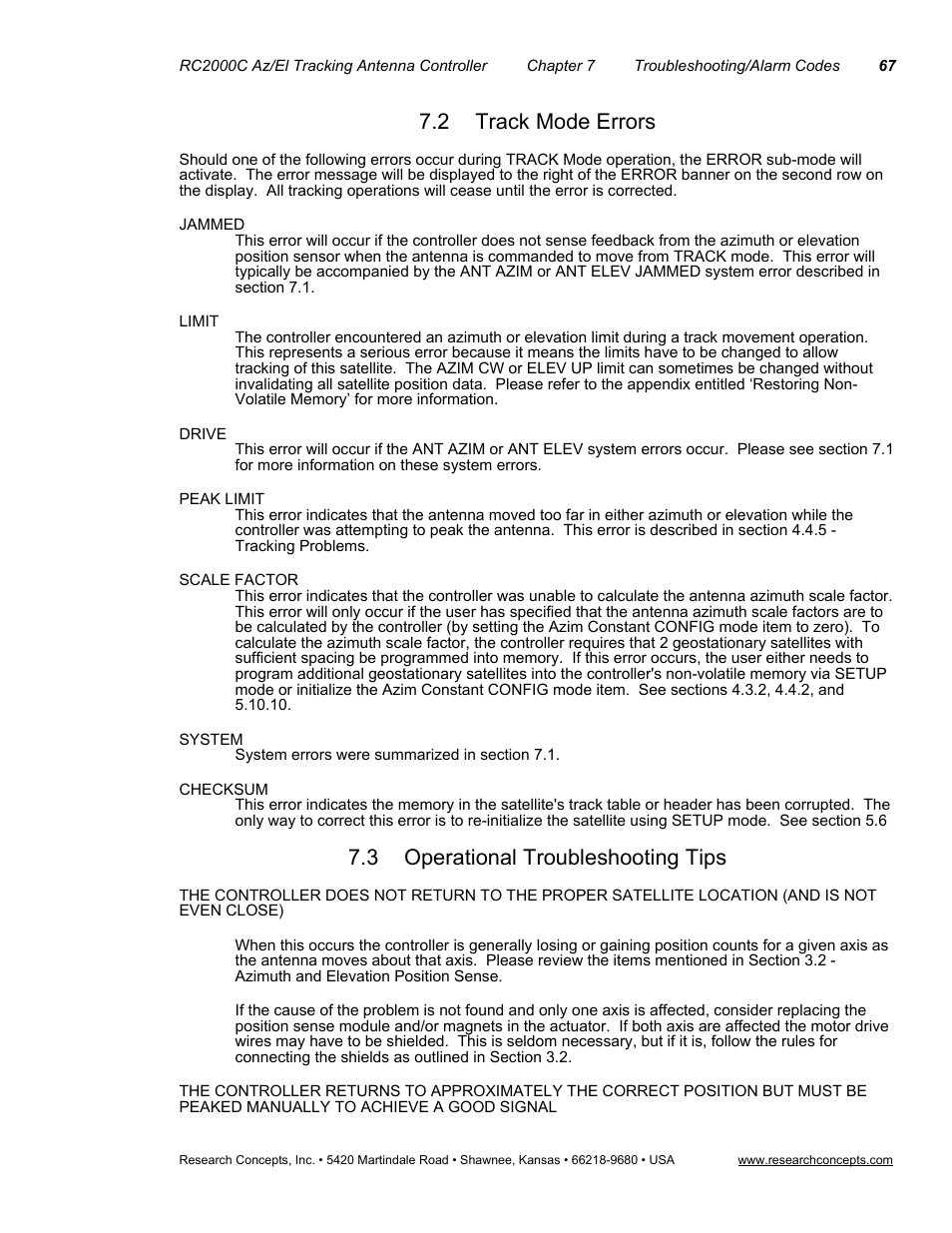 2track mode errors, 3operational troubleshooting tips, Track mode errors | Operational troubleshooting tips, 2 track mode errors, 3 operational troubleshooting tips | Research Concepts RC2000C User Manual | Page 75 / 123