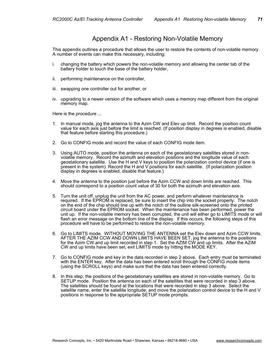 Appendix a1 - restoring non-volatile memory | Research Concepts RC2000C User Manual | Page 79 / 123