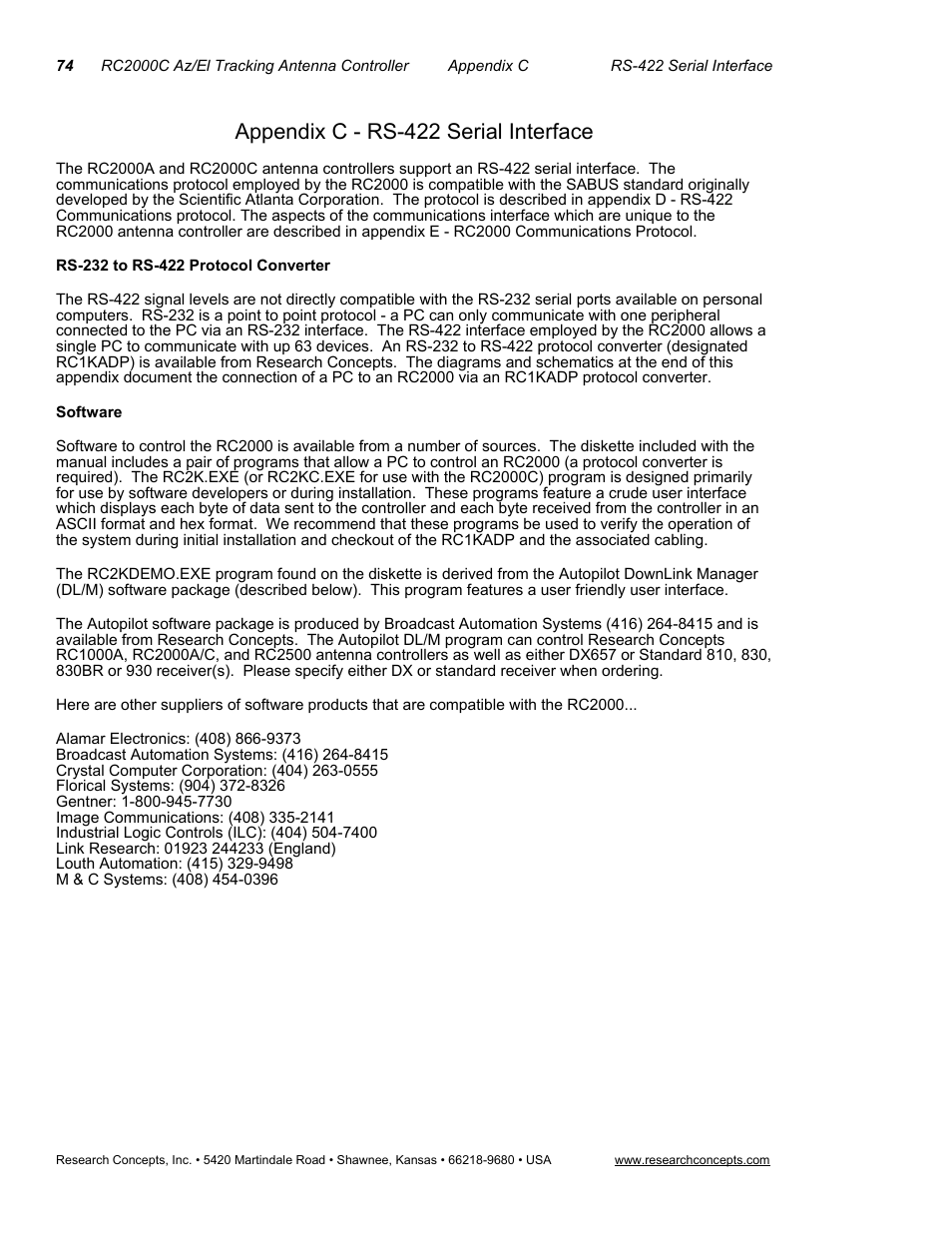 Appendix c - rs-422 serial interface, Rs-232 to rs-422 protocol converter, Software | Research Concepts RC2000C User Manual | Page 82 / 123