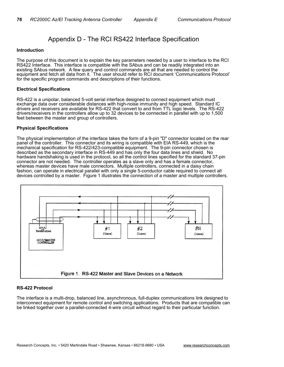 Appendix d - the rci rs422 interface specification, Introduction, Electrical specifications | Physical specifications, Rs-422 protocol | Research Concepts RC2000C User Manual | Page 84 / 123