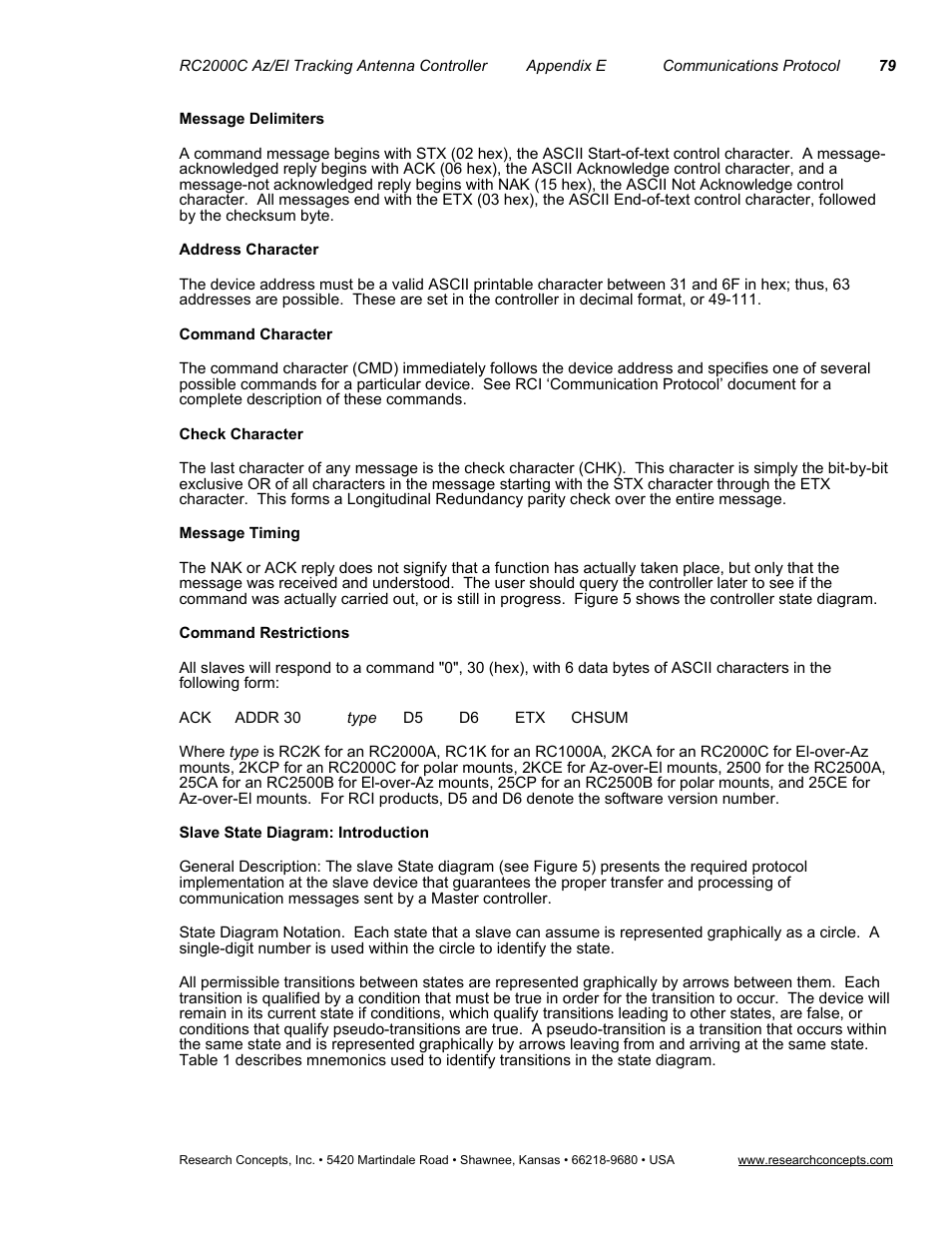 Message delimiters, Address character, Command character | Check character, Message timing, Command restrictions, Slave state diagram: introduction | Research Concepts RC2000C User Manual | Page 87 / 123