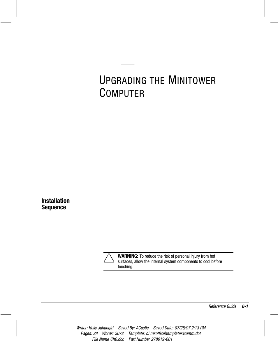 Upgrading the minitower computer, Installation sequence, Chapter | Pgrading the, Initower, Omputer | Compaq Deskpro 2000 Series User Manual | Page 101 / 192