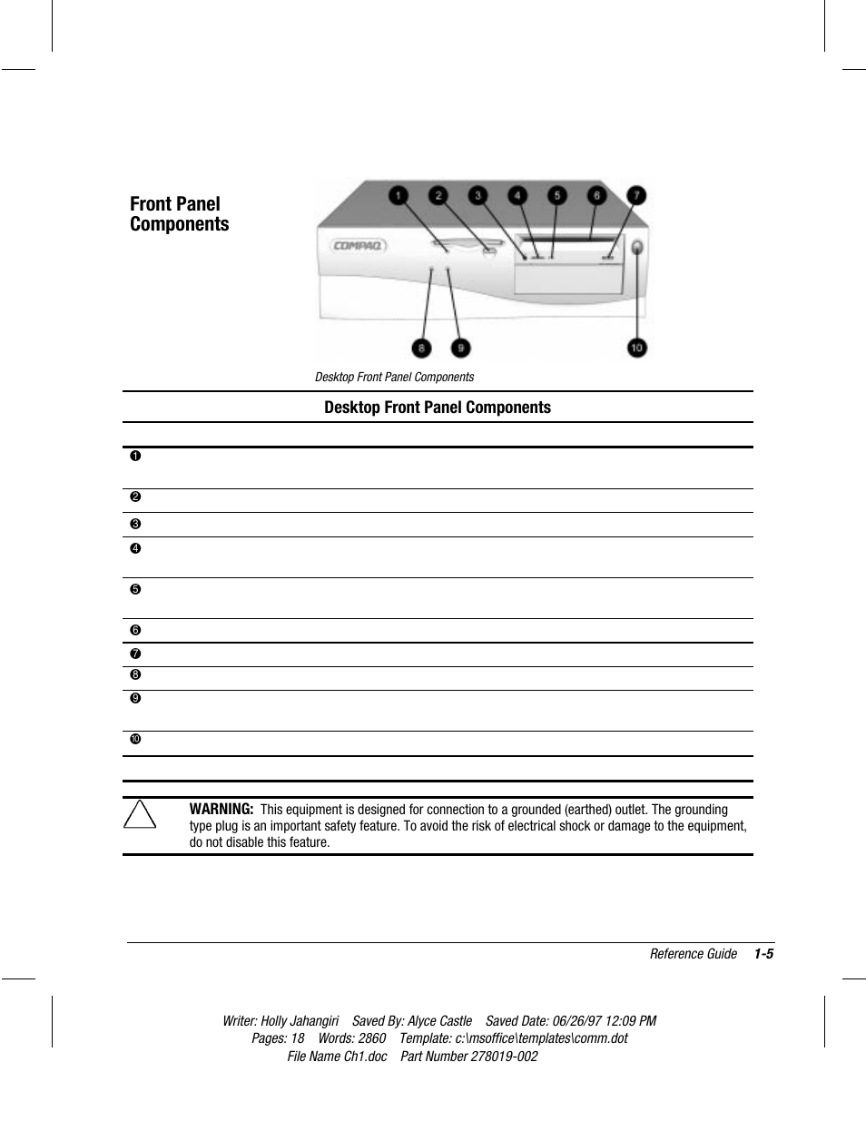Front panel components | Compaq Deskpro 2000 Series User Manual | Page 11 / 192