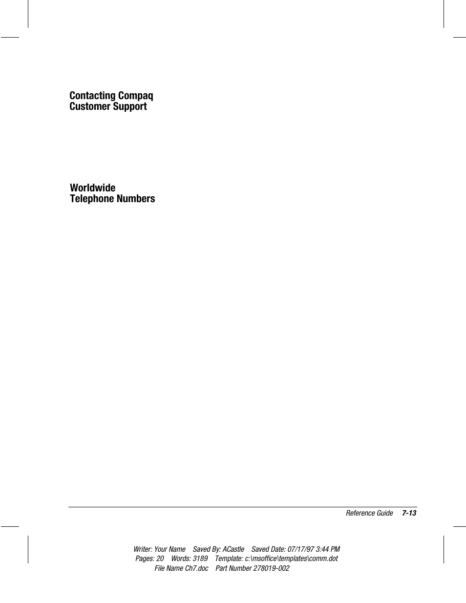 Contacting compaq customer support, Worldwide telephone numbers | Compaq Deskpro 2000 Series User Manual | Page 141 / 192