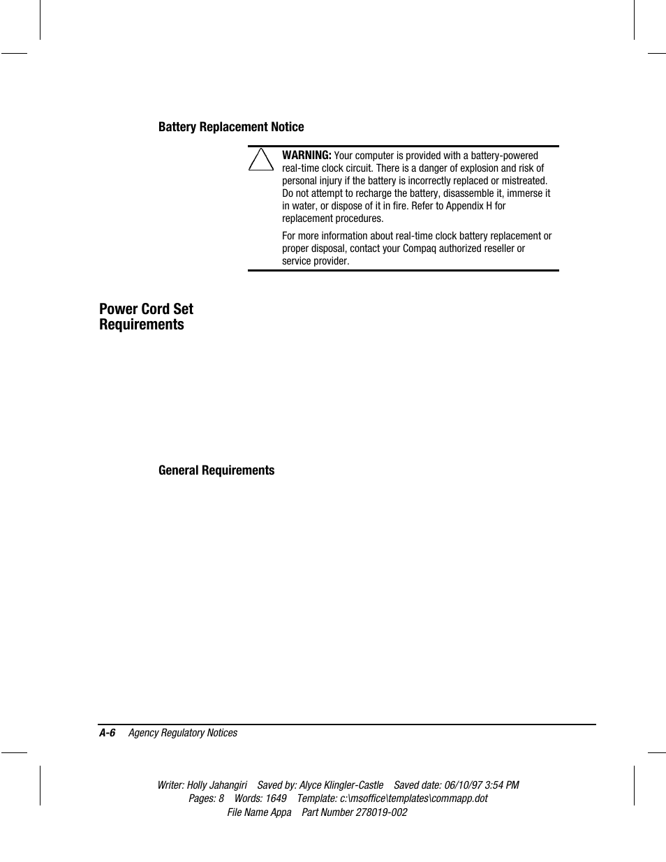 Battery replacement notice, Power cord set requirements, General requirements | Compaq Deskpro 2000 Series User Manual | Page 154 / 192