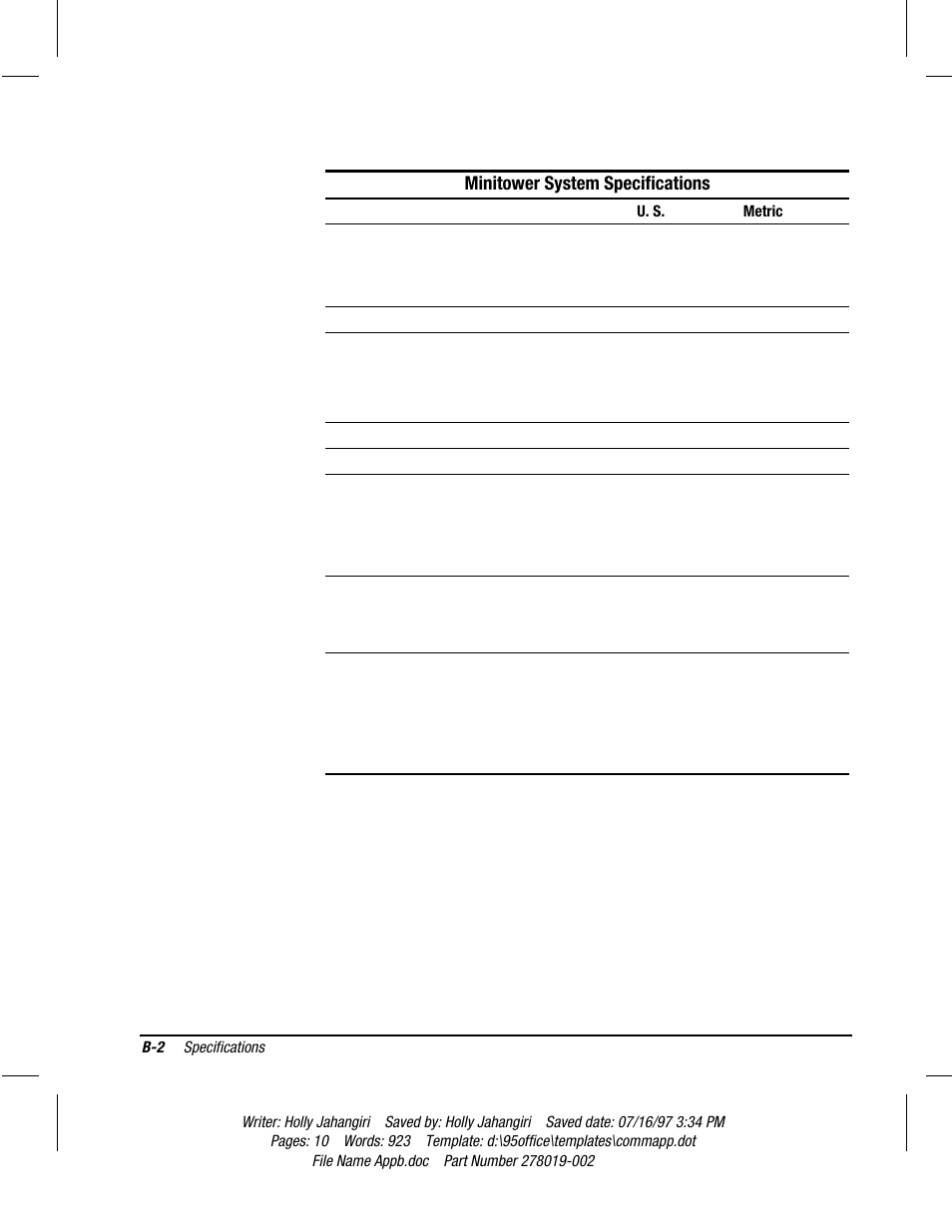 Minitower system, Minitower system specifications | Compaq Deskpro 2000 Series User Manual | Page 158 / 192