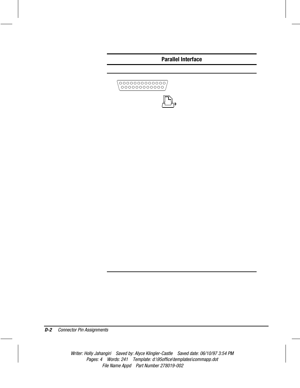 Parallel interface, Connector and icon pin signal | Compaq Deskpro 2000 Series User Manual | Page 174 / 192