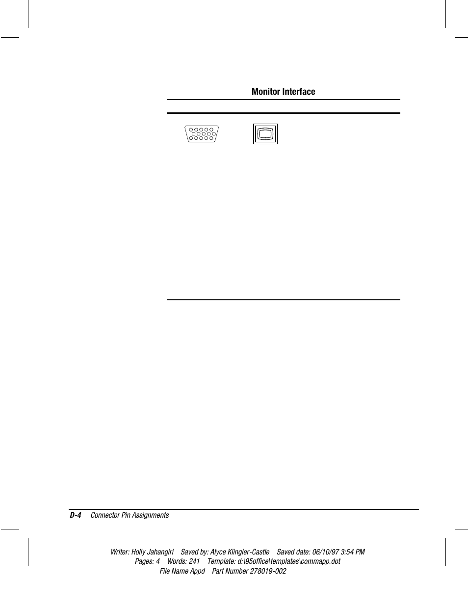Monitor interface, Connector and icon pin signal | Compaq Deskpro 2000 Series User Manual | Page 176 / 192