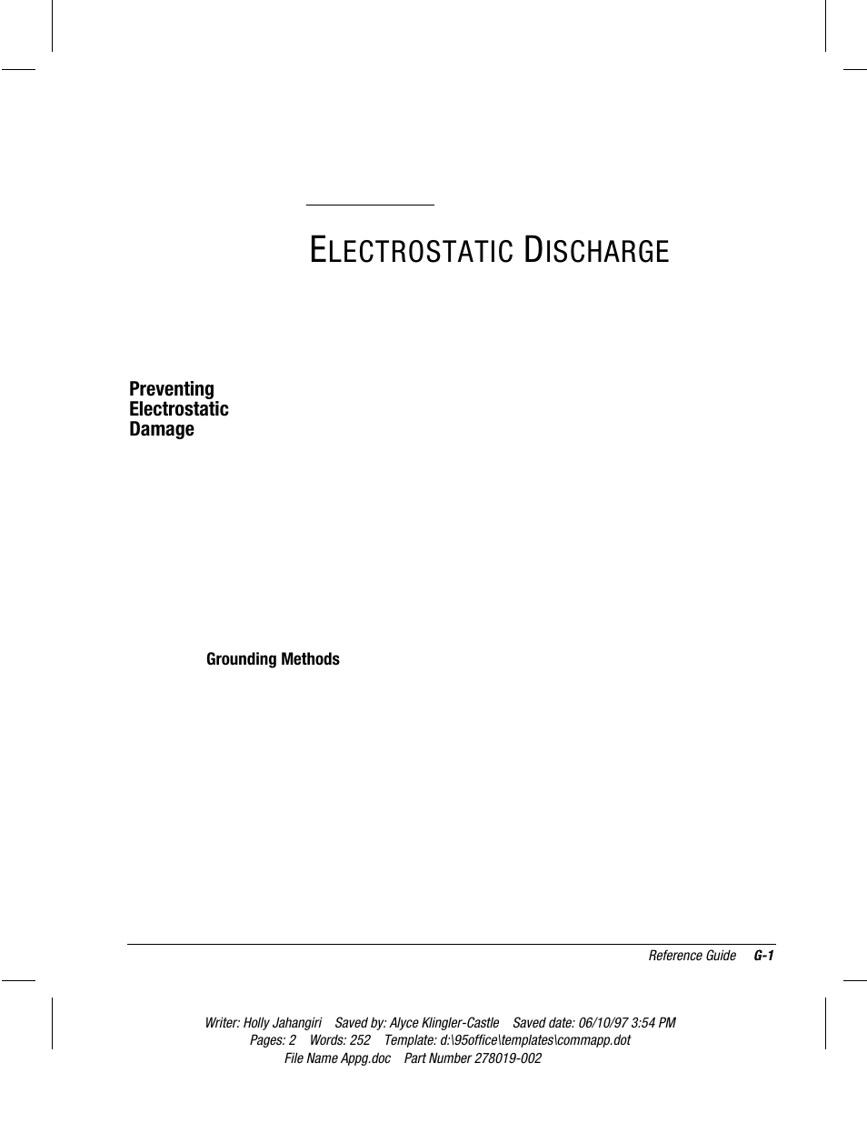 Electrostatic discharge, Preventing electrostatic damage, Grounding methods | Appendix, Lectrostatic, Ischarge | Compaq Deskpro 2000 Series User Manual | Page 185 / 192