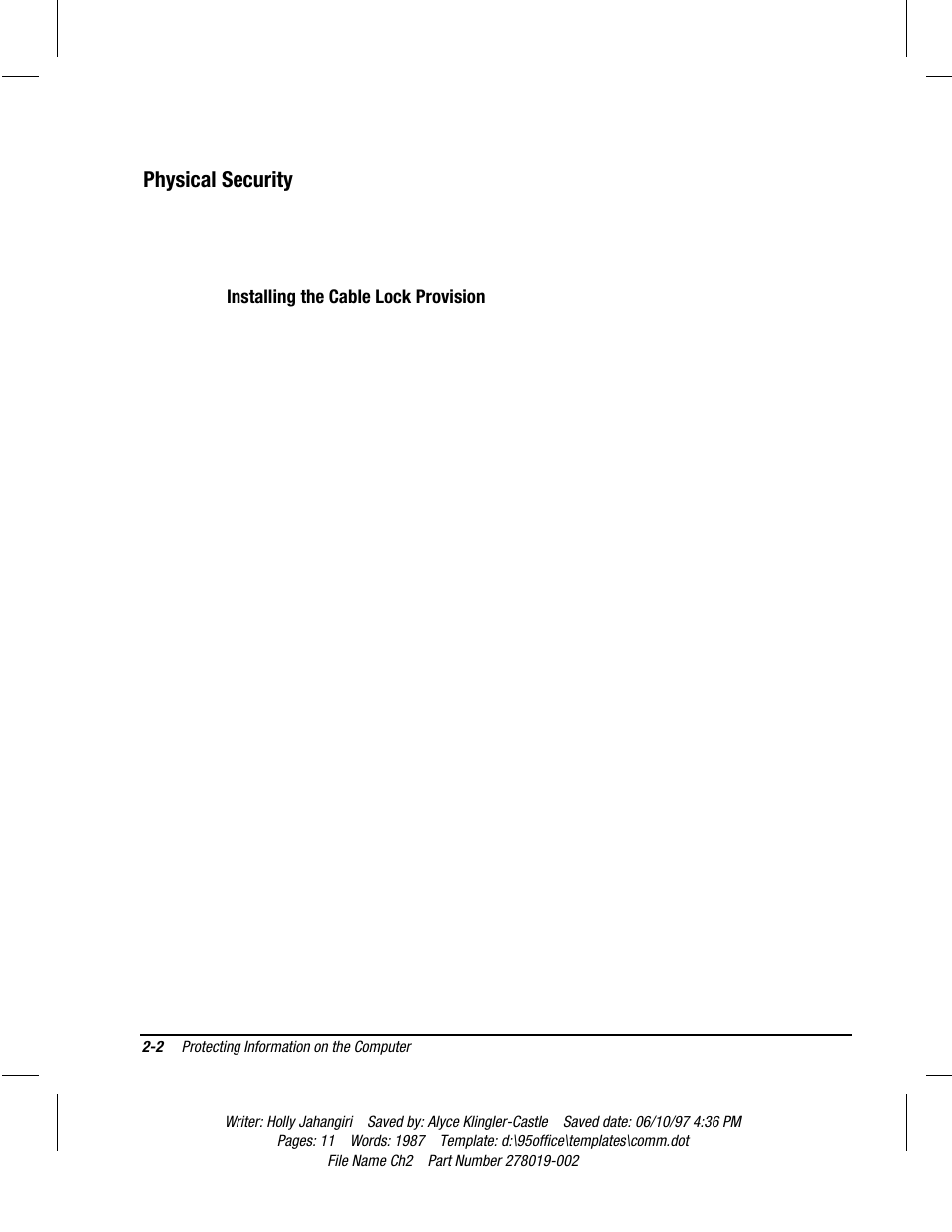 Physical security, Installing the cable lock provision | Compaq Deskpro 2000 Series User Manual | Page 26 / 192